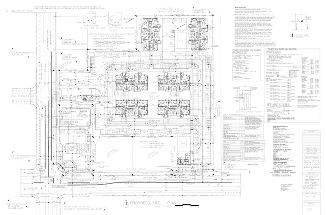 An architect’s design shows the layout of the Royal Center Apartments development planned for the intersection of McKinley and Valentine avenues in west Fresno. The plans include six residential buildings, a gas station, laundromat and store that sells liquor.